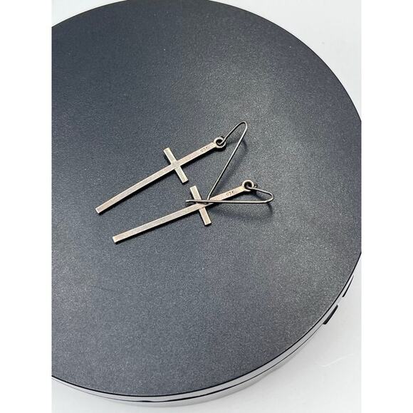 Sterling Silver 925 Thin Long Cross Dangle Earrings - Picture 7 of 8